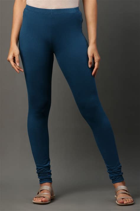 Blue Solid Skinny Fit Cotton Tights With Elasticated Waistband – wforwoman