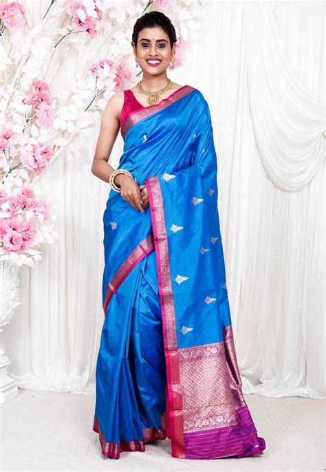 Feroza Blue with Rani Pink Border Katan Pure Silk Saree + Blouse Piece