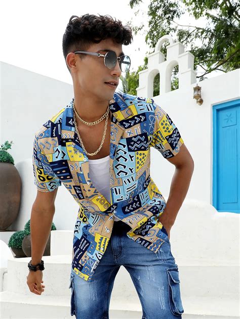 ₹899 | Campus Sutra Men's Blue & Beige Aztec Print Shirt - Campussutra