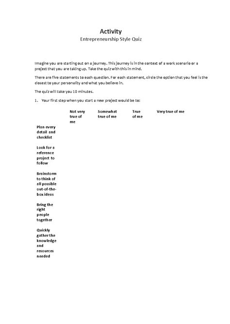 Entrepreneurial style activity - Entrepreneurship Style Quiz Brainstorm ...