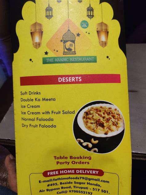 Menu at The Arabian Nights Restaurant, Tirupati