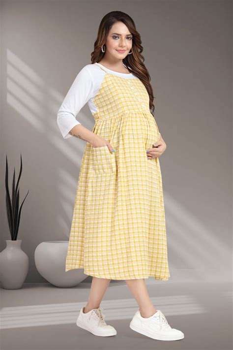 Golden Corn Chequered Maternity Dress | Flattering Fit – MomsBae