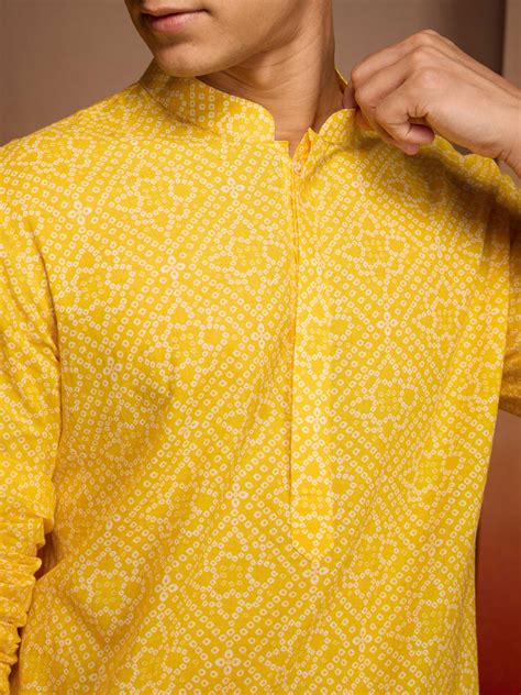 Mens Yellow Bandhani Summer Kurta Set | VASTRAMAY – vastramay