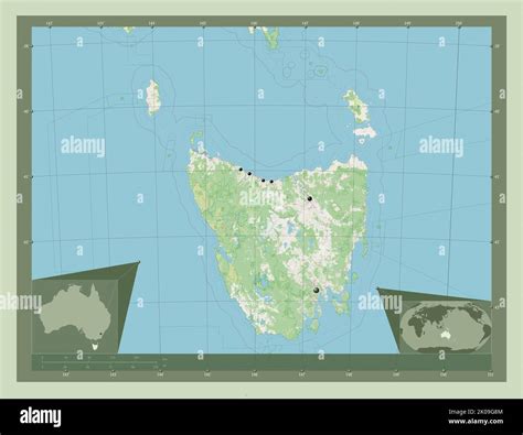 Tasmania, state of Australia. Open Street Map. Locations of major cities of the region. Corner ...
