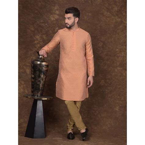 Buy DEYANN Mens Peach Jacquard Silk Mandarin Collar Woven Design Kurta ...