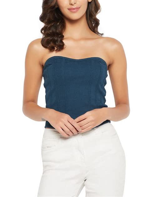 Clovia Women's Cotton Chic Basic Ribbed Bustier Top (CM0039P08_Blue_M ...