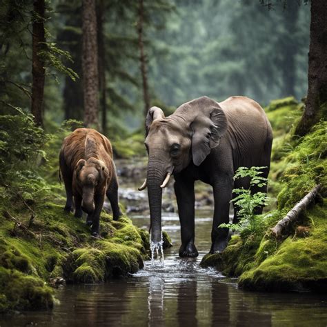 Animals Drinking Water in a Lush Forest