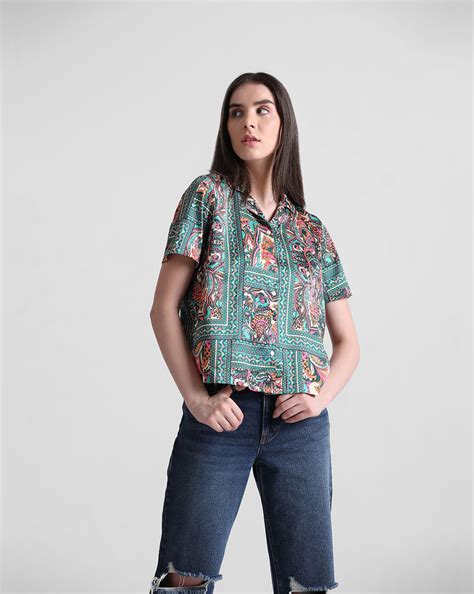 Green Abstract Print Satin Shirt