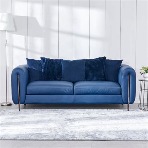 Buy Sapphire Half Leather 3-Seater Sofa with Cushions - Blue from Home ...