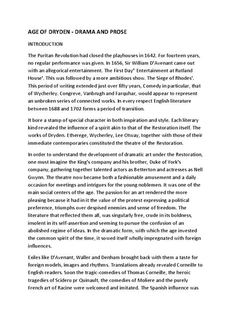 AGE OF Dryden - AGE OF DRYDEN - DRAMA AND PROSE INTRODUCTION The ...