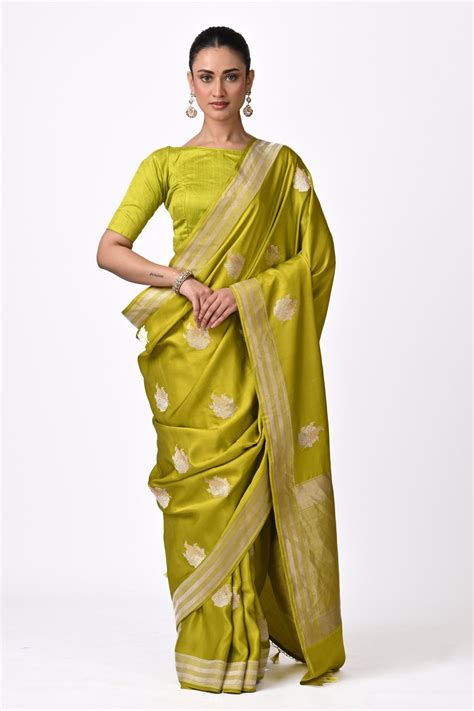Olive Green Silk Saree with Gold Motifs - Coloroso – Coloroso