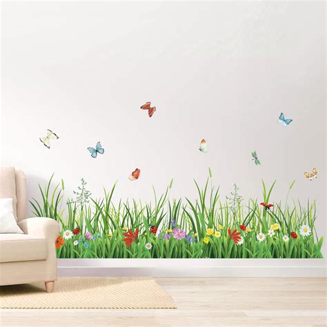 INKFENCE 132 cm Green Grass Wall Corner Stickers Flowers Butterflies ...