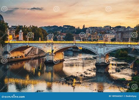 Tiber River with Illuminated Bridge in Rome Evening at Sunset, Italy ...