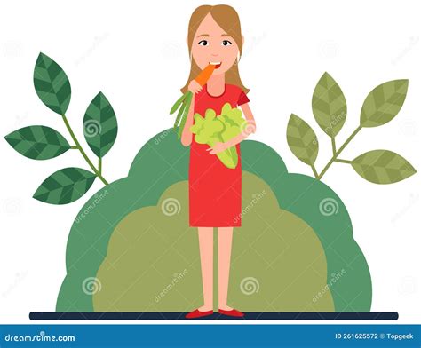 Girl Eats Organic Natural Plant-based Fresh Food. Female Vegetarian ...