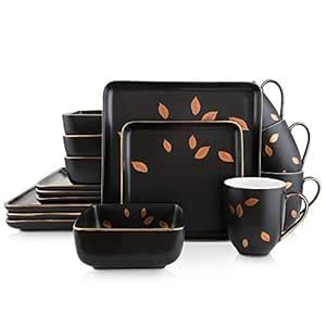 Stone Lain Gold Leaves Square Porcelain Dinnerware Set, Service For 4 ...