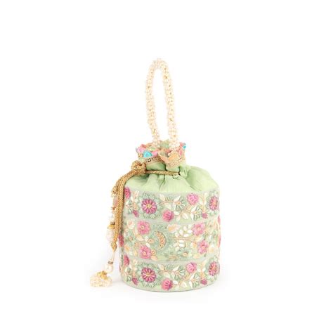 Buy Odette Light Green Embroidered Potli Bag Online