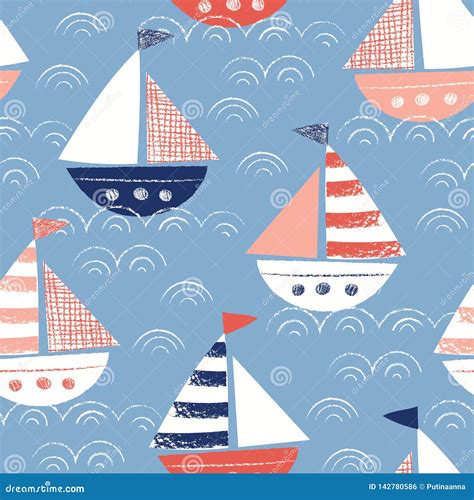 Whimsical Hand-Drawn with Crayons Ships in the Sea Vector Seamless ...