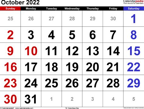 October 2022 Calendars for Word, Excel and PDF