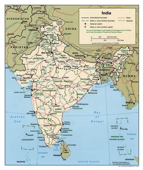Large detailed political and administrative map of India with roads, railroads and cities - 1996 ...
