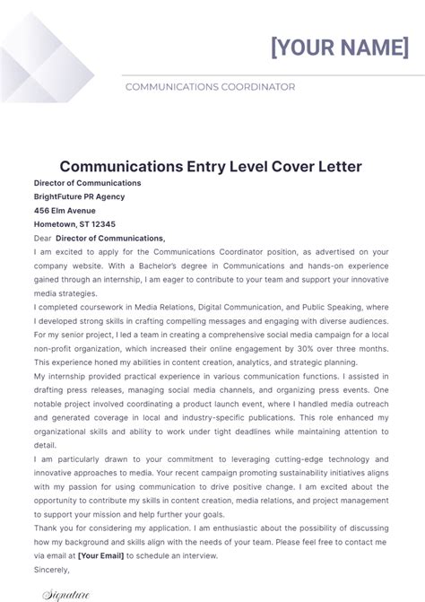 Free Communications Entry Level Cover Letter Template to Edit Online
