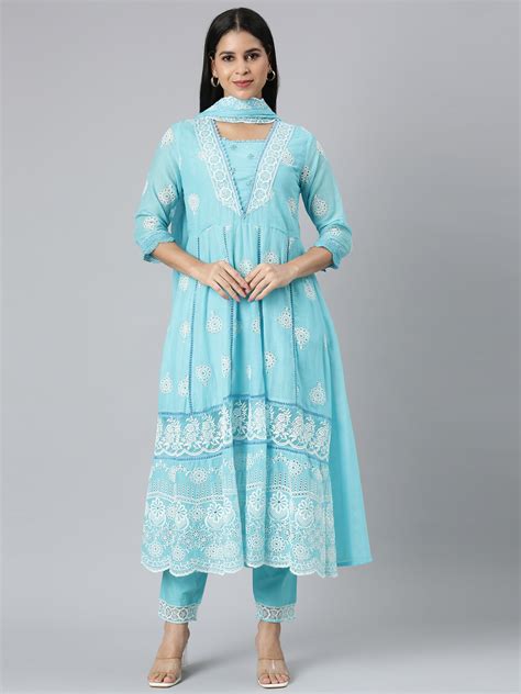Neerus Blue Panelled Scalloped Kurta and Trousers With Dupatta – Neerus ...