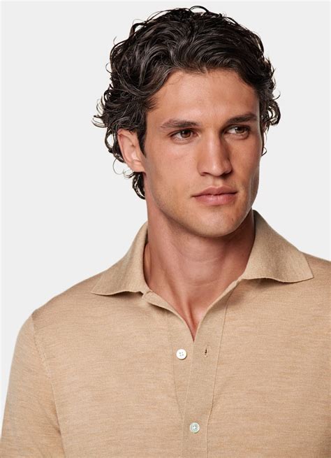 Mid Brown Merino Long Sleeve Polo Cardigan in Pure Wool | SUITSUPPLY