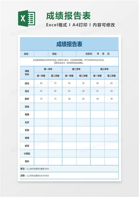 成绩报告单模板下载-学生成绩报告单模板(小学/初中/高中)下载doc格式-附成绩单评语-绿色资源网