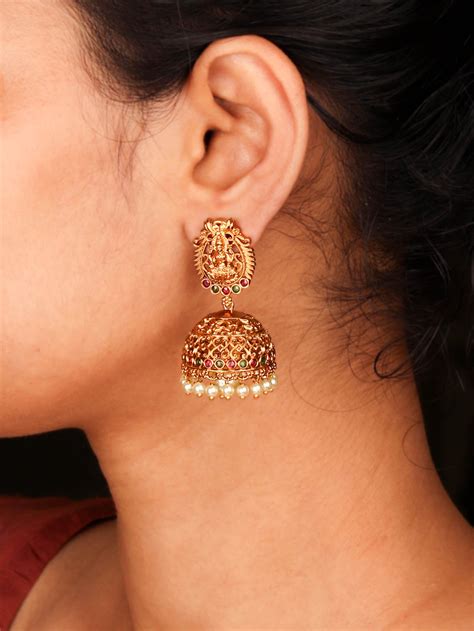 24K Gold Plated Temple Design with Kemp Stone Jhumka Earrings For Wome