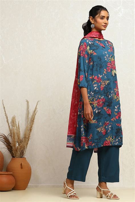 Teal Blue Printed A-Line Suit Set at Biba India