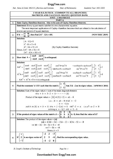 MA3151 Matrices and Calculus Two Mark Questions 1 - Sub. Name & Code ...