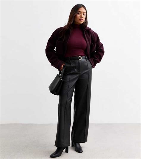 Petite Black Faux Leather Wide Leg Trousers | New Look