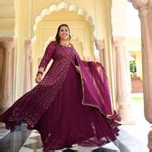 Buy Wine Thread Embroidered Georgette Anarkali Dress | Meera Plus Size