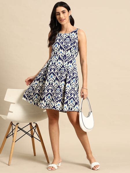 Buy Box Pleated Mini Dress in Blue Ikkat Print for Women