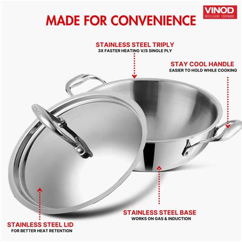 Buy VINOD Platinum Triply Stainless Steel Kadai with Lid - 3.7L from ...