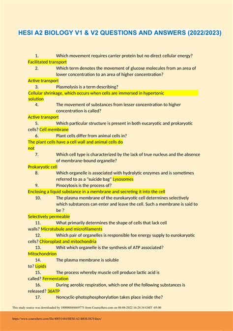 HESI A2 BIOLOGY V1 & V2 QUESTIONS AND ANSWERS (2022/2023 - Hesi - Stuvia US
