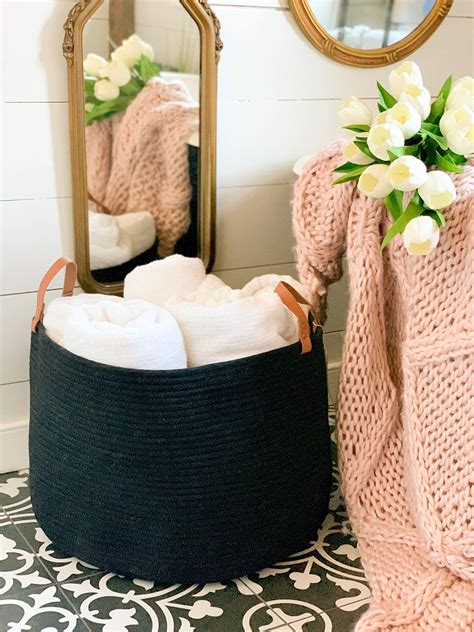 Buy OrganiHaus Black Large Storage Basket for Blankets w Leather ...