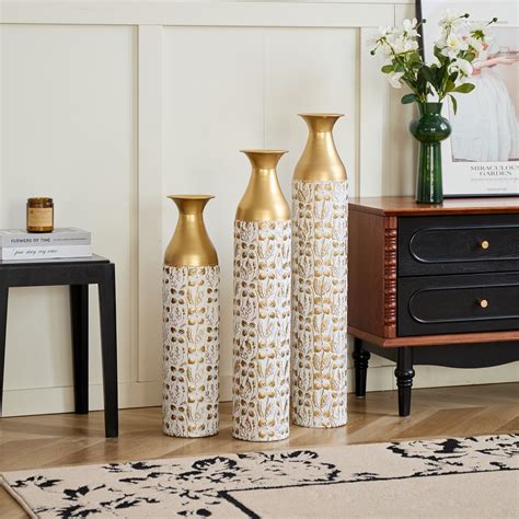 Everly Quinn Medhansh 3-Piece Handmade Gold Floor Vase, Large Metal ...