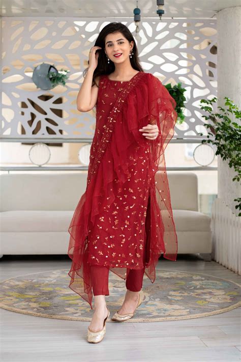 BUY RED KURTA WITH RUFFLE DUPATTA. ONLINE IN INDIA | LABEL SHAURYA ...