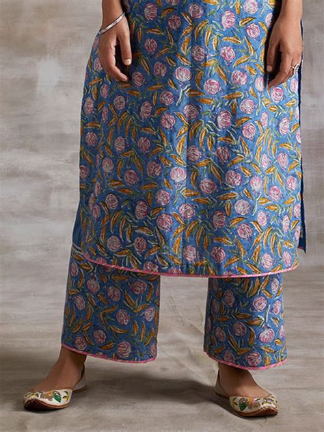 Blue Pink Hand Block Printed Cotton Pants