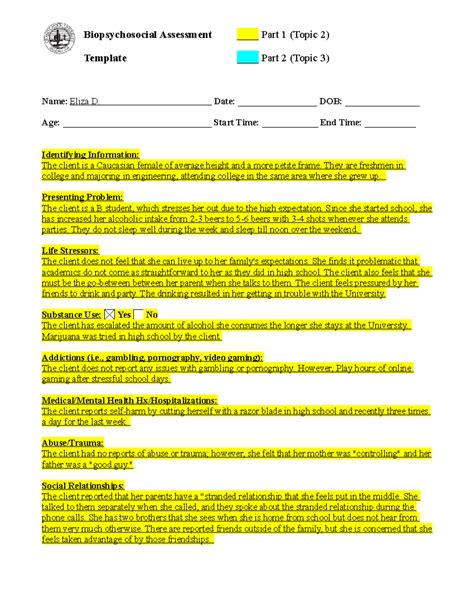 Biopsychosocial Assessment Template Biopsychosocial Assessment