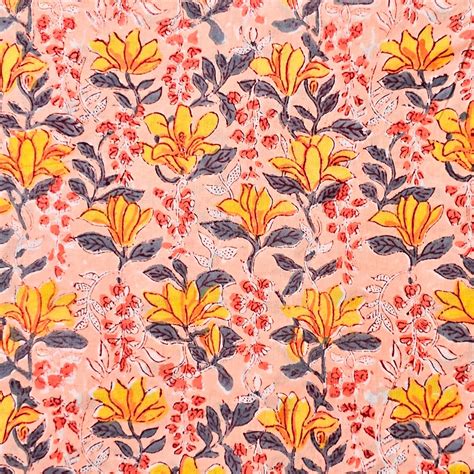 Pure Cotton Jaipuri Peach With Yellow Chafa Flower Jaal Hand Block Pri ...