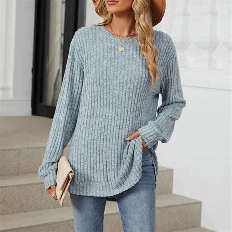 Blczomt Crew Neck Sweaters for Curvy Women Long Sleeve Sweaters Gray ...