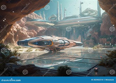 An Airplane on Top of a Base in a Cave with Rocks and Plants Stock ...