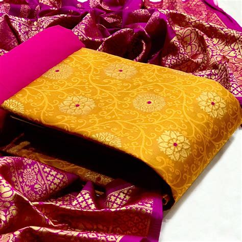 Yellow Floral Woven Banarasi Silk Dress Material