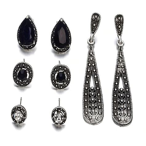 Buy Fabula Jewellery Set Of 4 Antique Silver Tone Crystal Encrusted Ear ...
