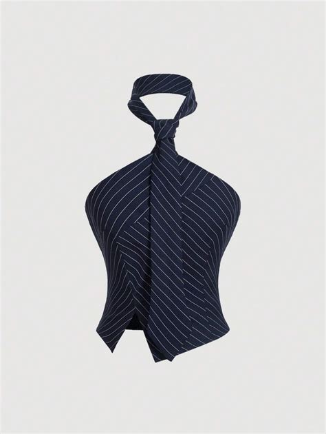 SHEIN MOD Women Striped Collar Split Back Tight Halter Neck Top ...