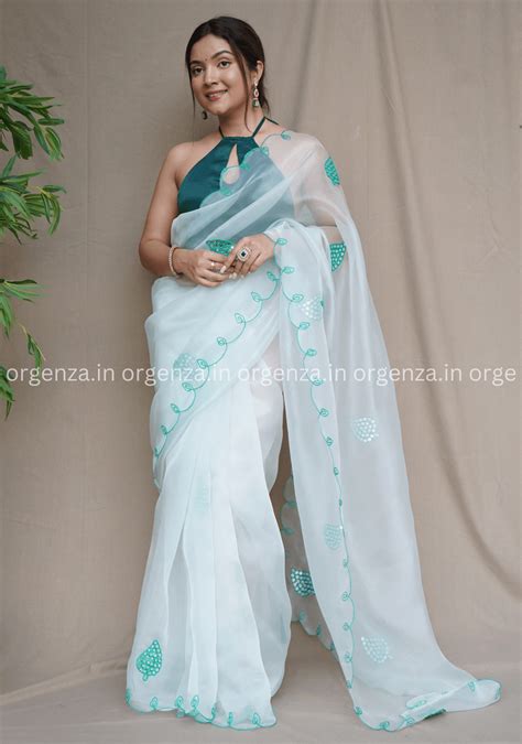 White Colour Organza Saree With Gotta Aari Work
