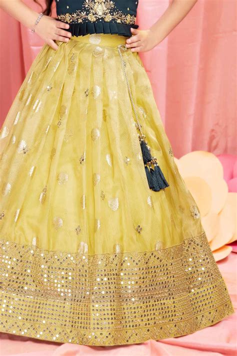Navy Blue And Yellow Puff Sleeves And Sequin Embroidered Pattu Pavadai ...