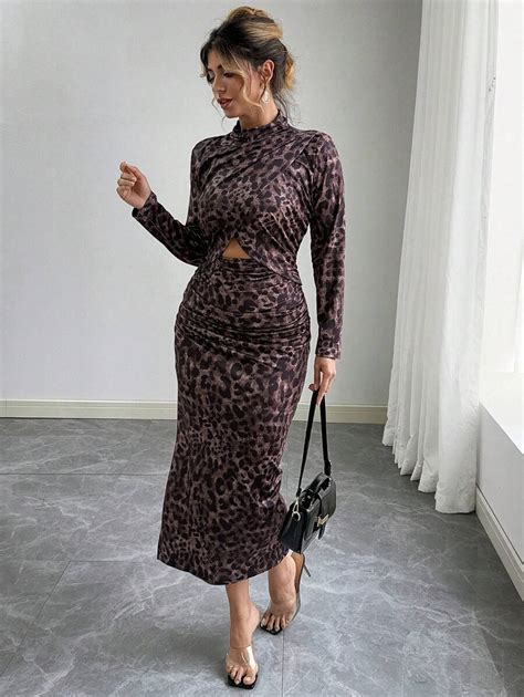 Elenzga Plus Size Women Leopard Print Turtleneck Long Sleeve Slit ...