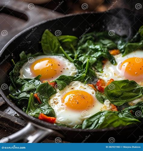 Fried Eggs with Spinach Greens in a Pan, Protein Food, Low Calorie ...